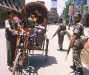 My roommate getting stopped at security checkpoint in Thamel, Kathmandu, Nepal